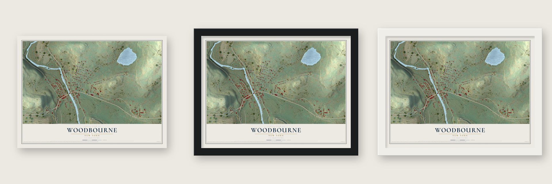 Woodbourne, New York map unframed, in a black wood frame and in a white wood frame