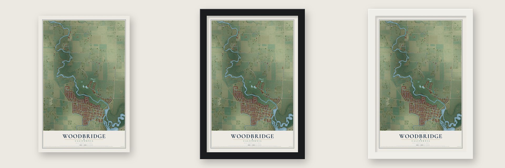 Woodbridge, California map unframed, in a black wood frame and in a white wood frame