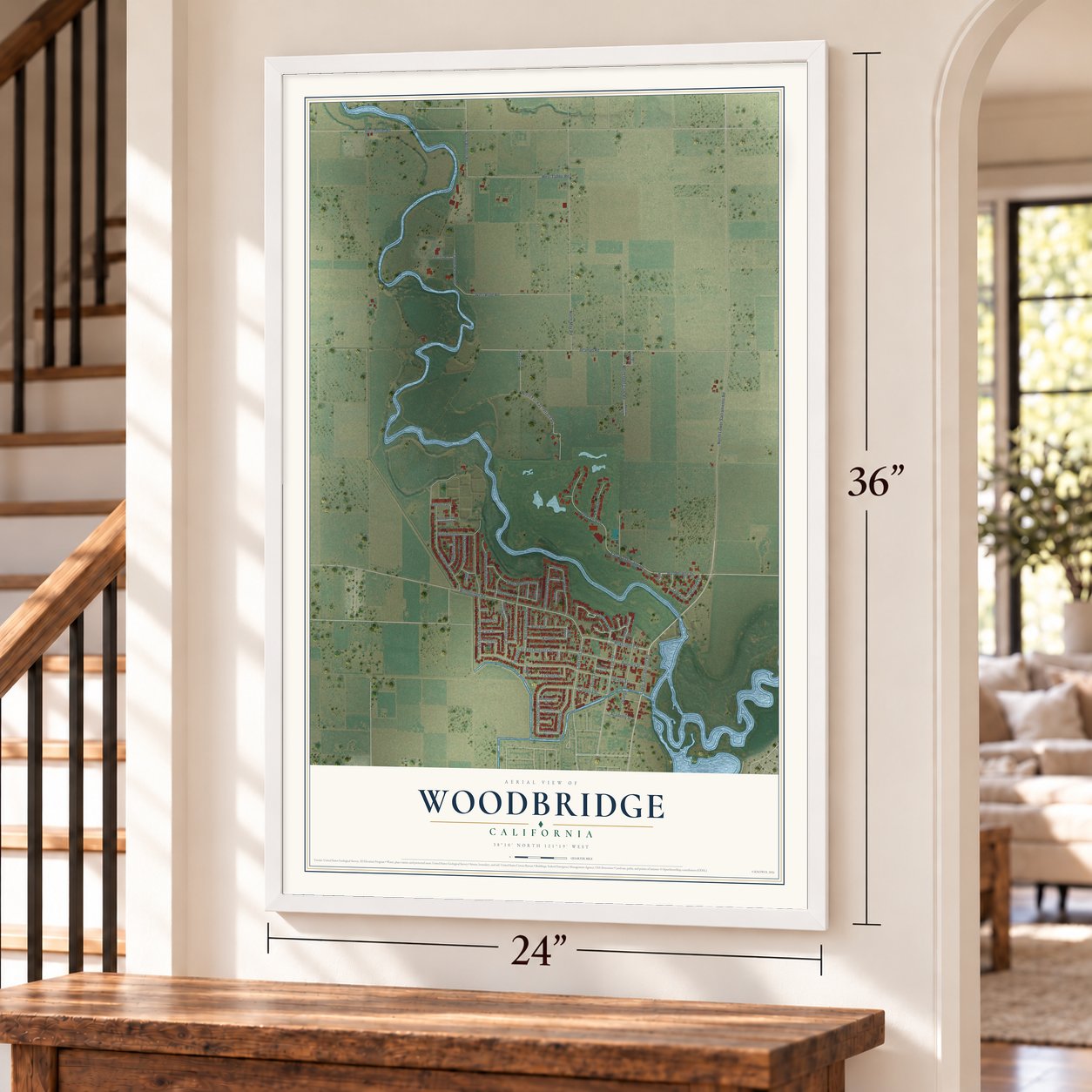 Woodbridge, California map, 24 x 36 inch print in a white frame by a staircase