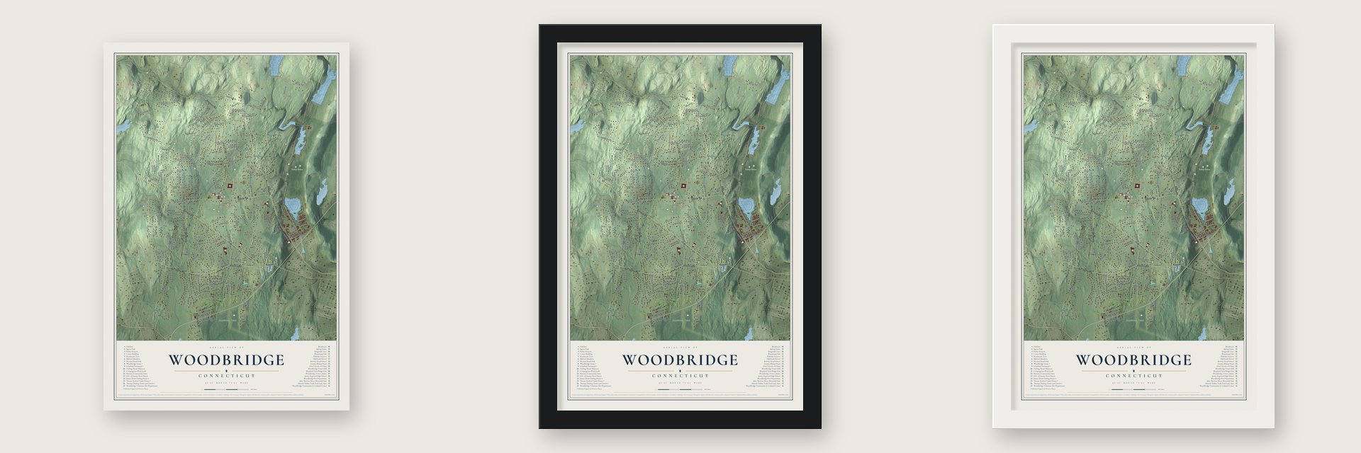 Woodbridge, Connecticut map unframed, in a black wood frame and in a white wood frame