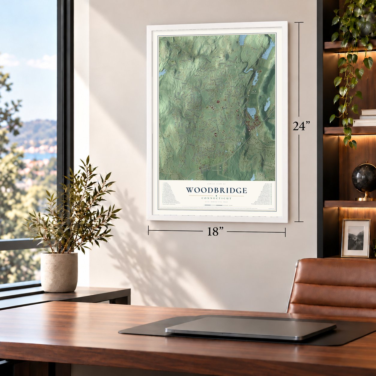 Woodbridge, Connecticut map, 18 x 24 inch print in a white frame in a home office