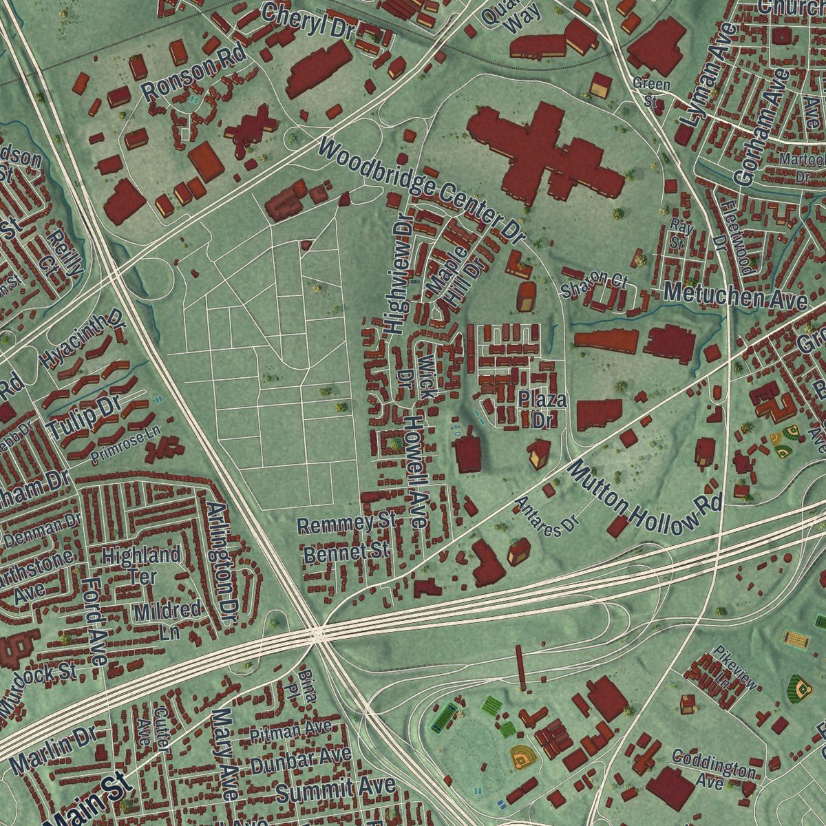 Second close-up of the map of Woodbridge, New Jersey print showing more streets and buildings