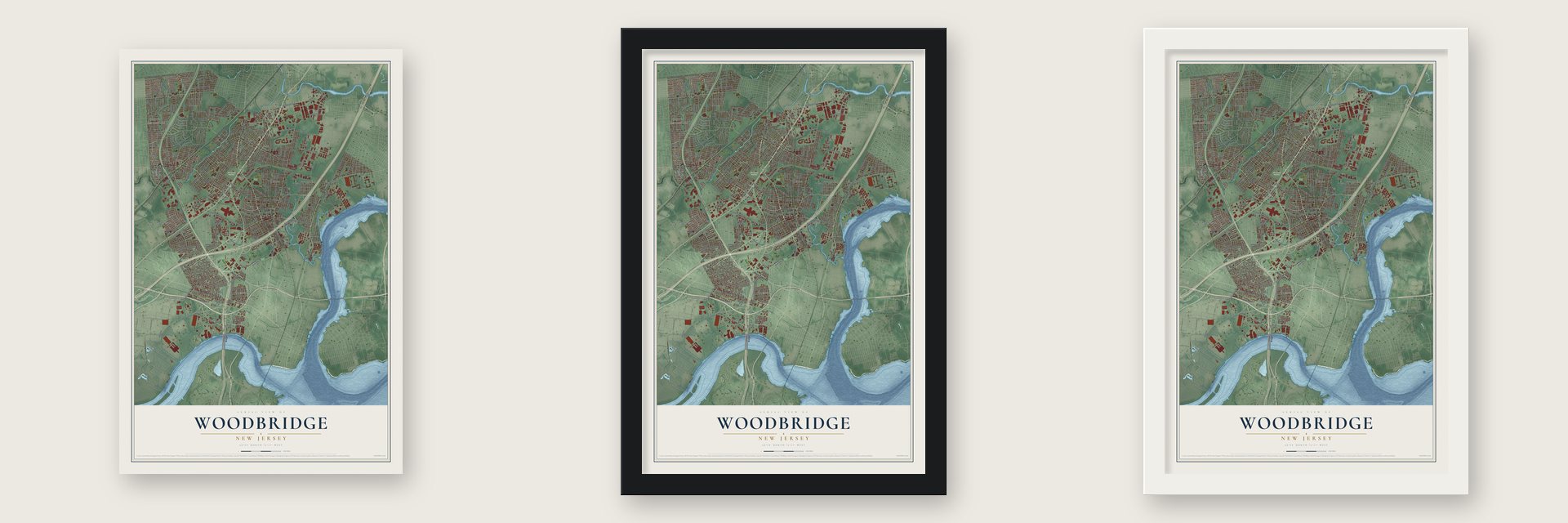 Woodbridge, New Jersey map unframed, in a black wood frame and in a white wood frame