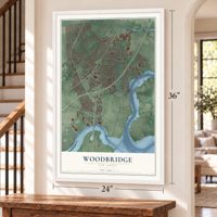 Woodbridge, New Jersey map, 24 x 36 inch print in a white frame by a staircase