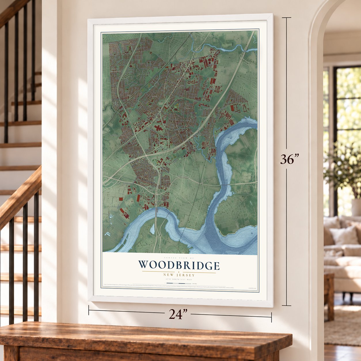 Woodbridge, New Jersey map, 24 x 36 inch print in a white frame by a staircase