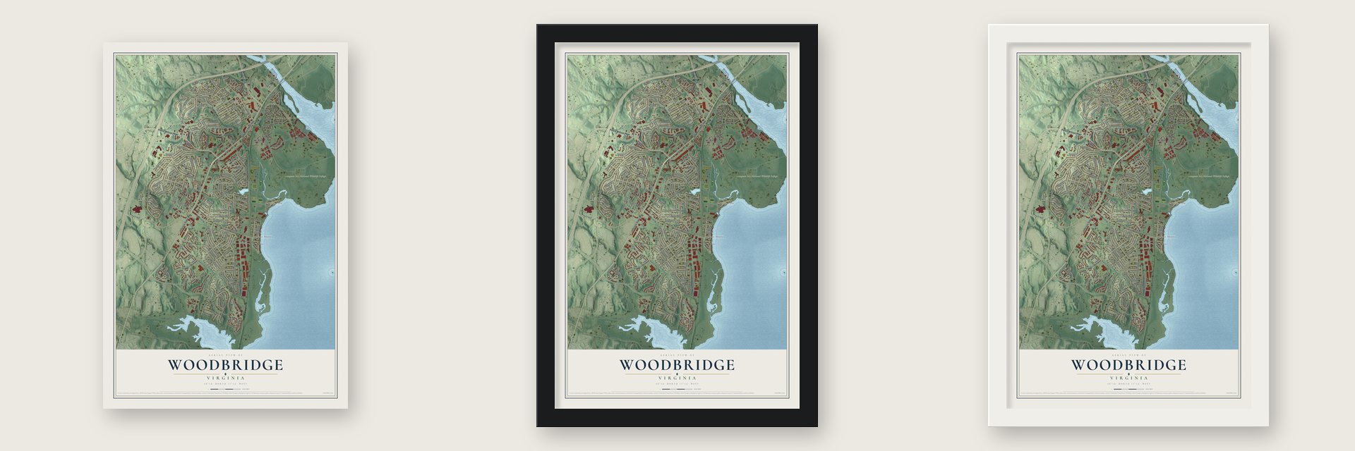 Woodbridge, Virginia map unframed, in a black wood frame and in a white wood frame