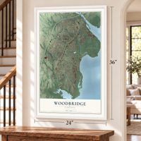 Woodbridge, Virginia map, 24 x 36 inch print in a white frame by a staircase
