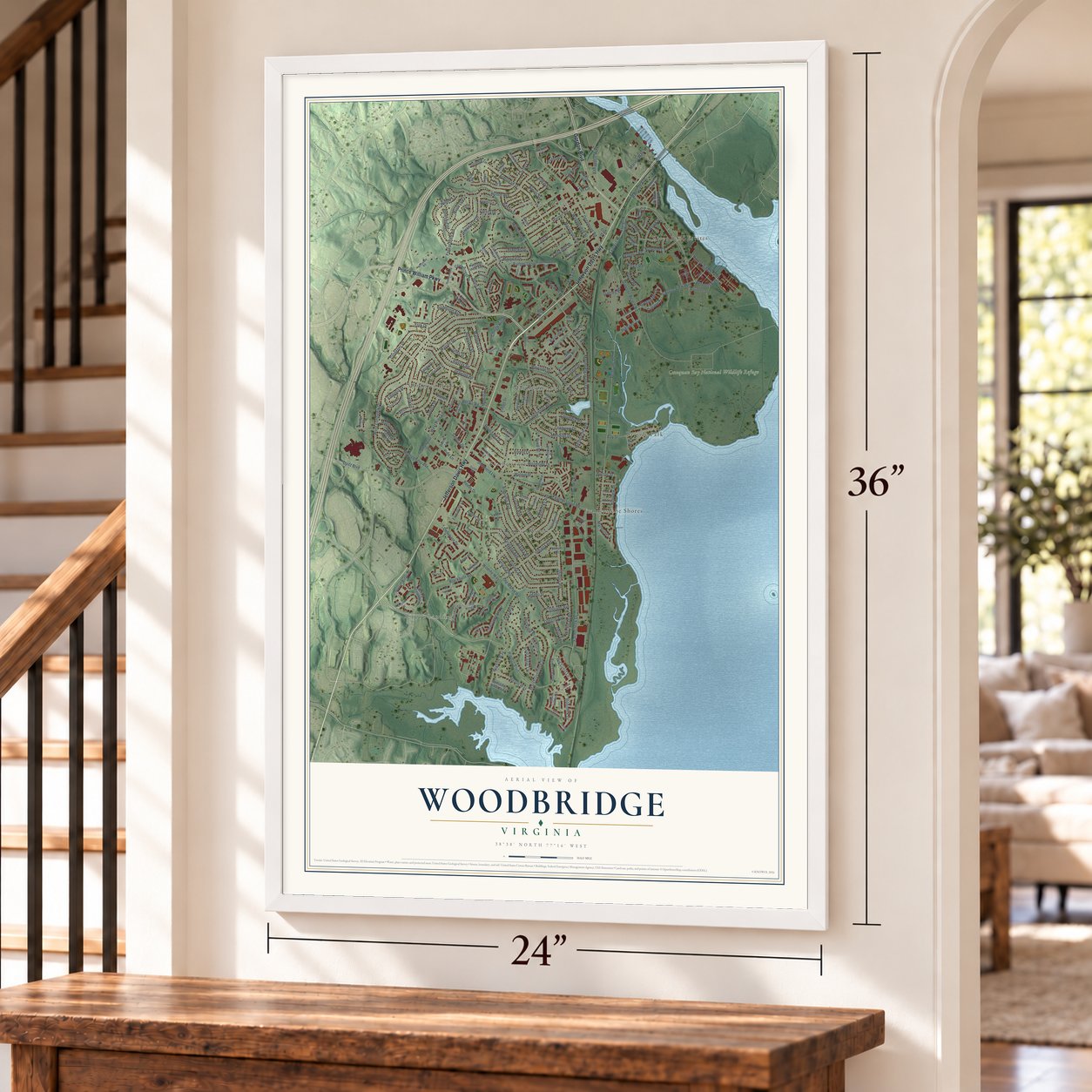 Woodbridge, Virginia map, 24 x 36 inch print in a white frame by a staircase