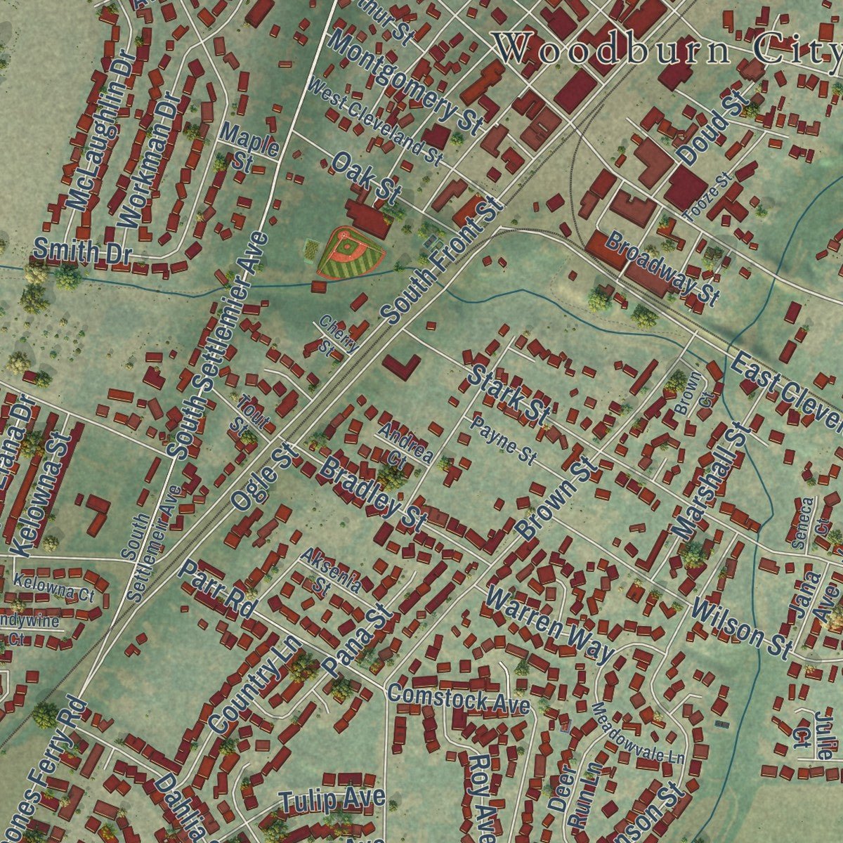 Second close-up of the map of Woodburn, Oregon print showing more streets and buildings