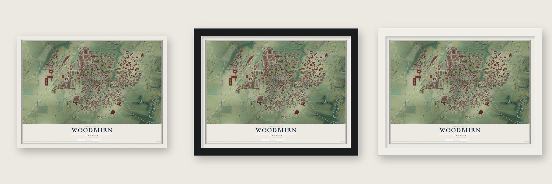 Woodburn, Oregon map unframed, in a black wood frame and in a white wood frame