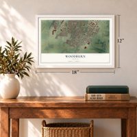 Woodburn, Oregon map, 12 x 18 inch print in a white frame in an entryway