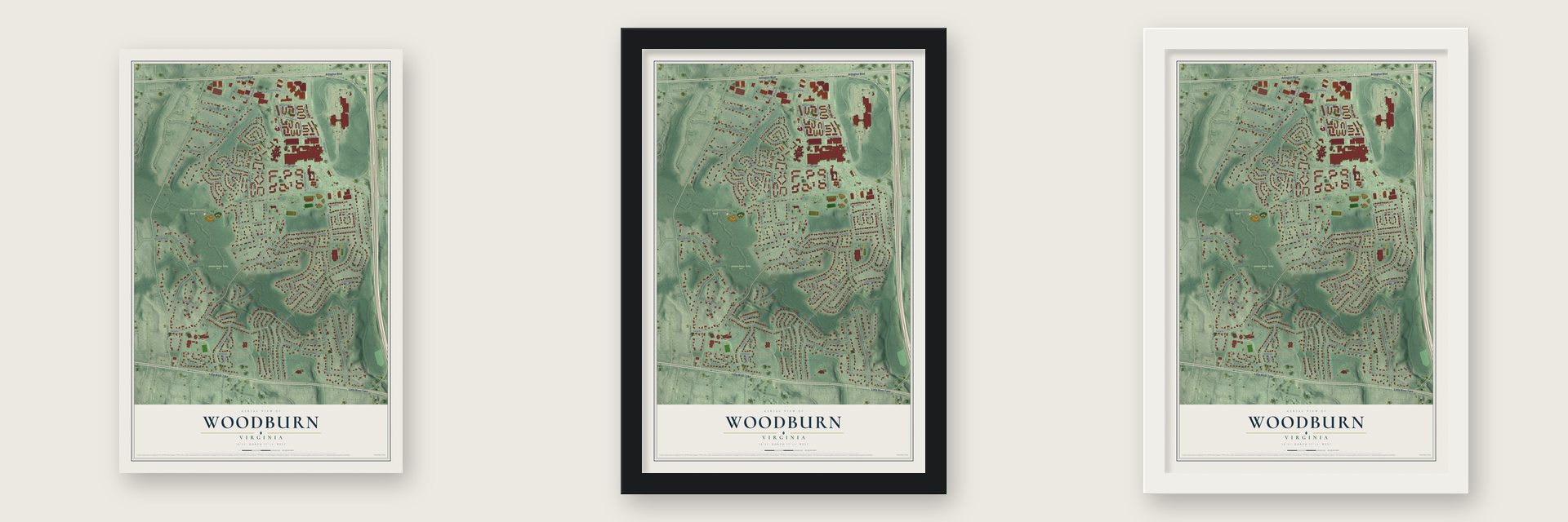 Woodburn, Virginia map unframed, in a black wood frame and in a white wood frame