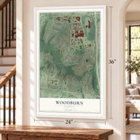 Woodburn, Virginia map, 24 x 36 inch print in a white frame by a staircase