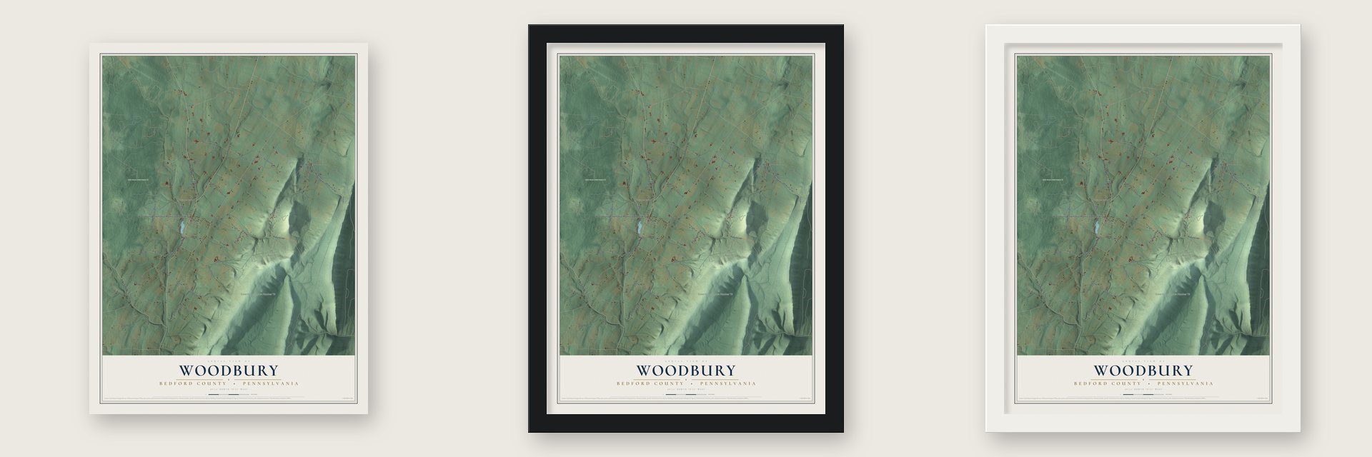 Woodbury, Bedford County, Pennsylvania map unframed, in a black wood frame and in a white wood frame