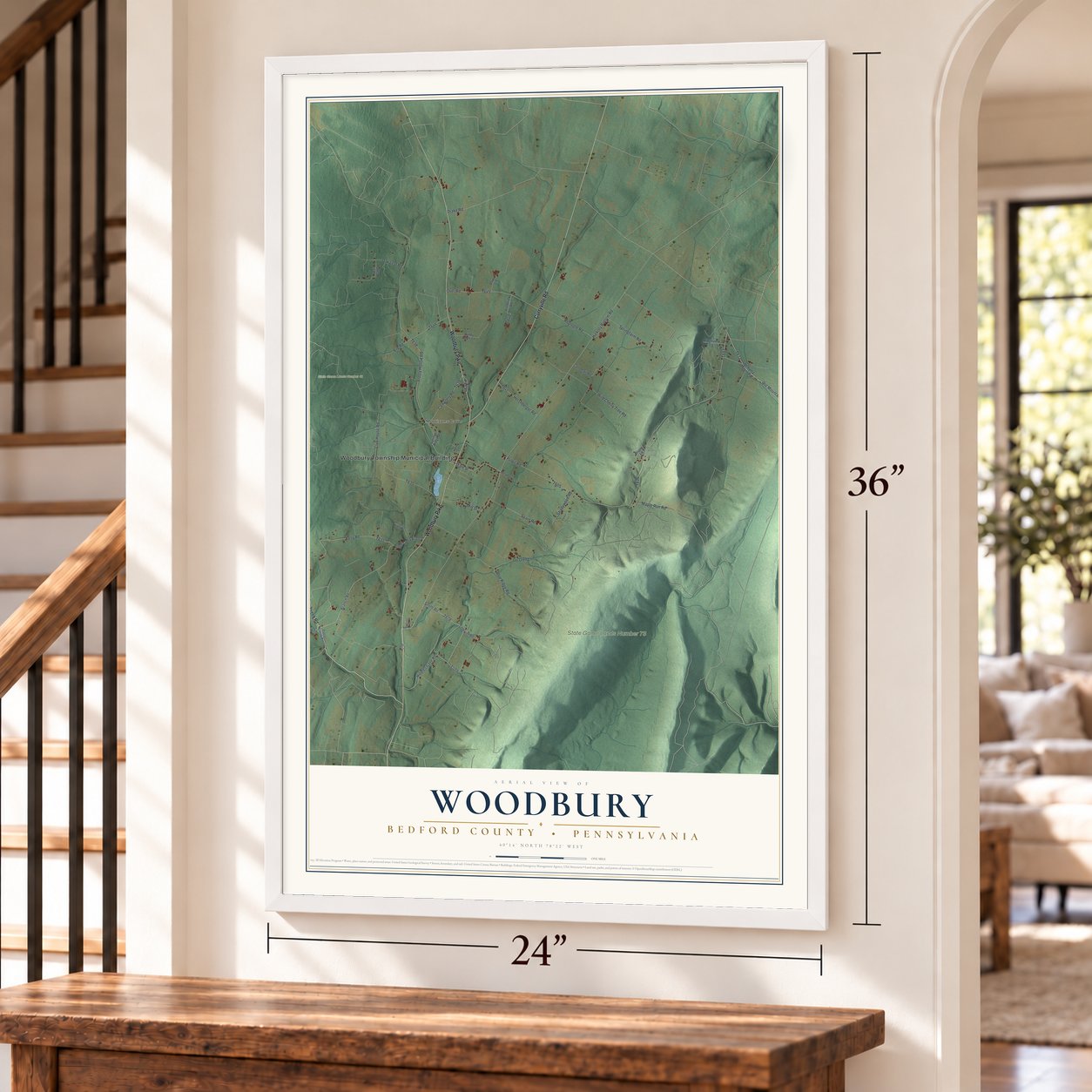 Woodbury, Bedford County, Pennsylvania map, 24 x 36 inch print in a white frame by a staircase