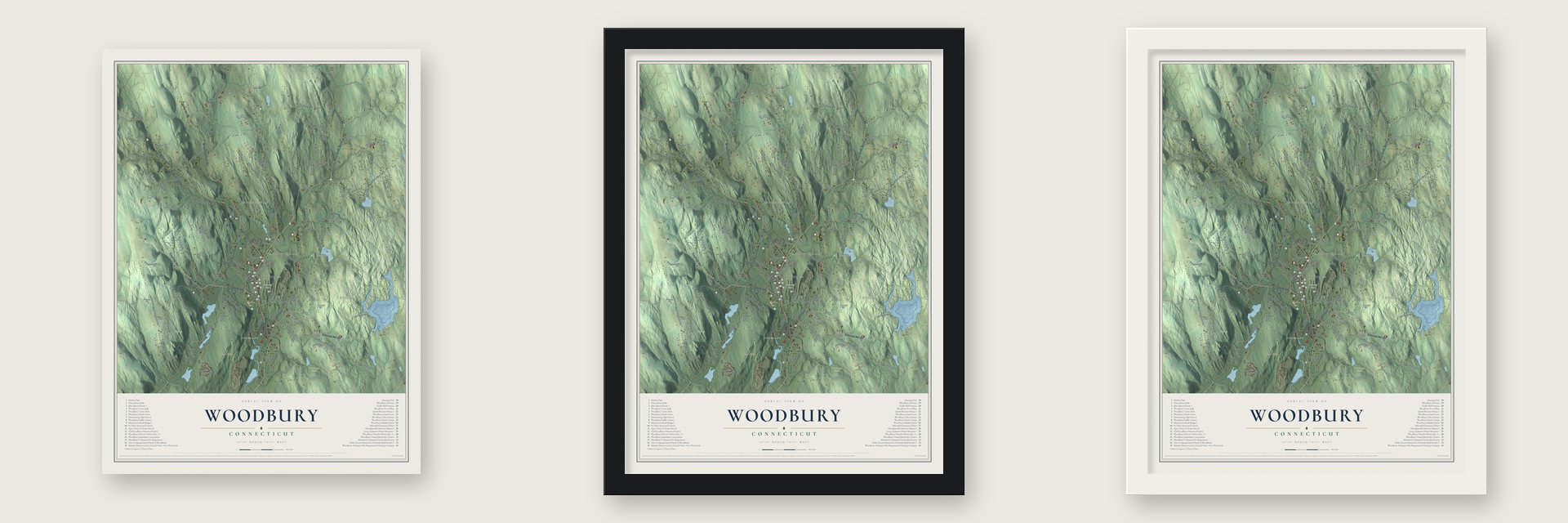 Woodbury, Connecticut map unframed, in a black wood frame and in a white wood frame