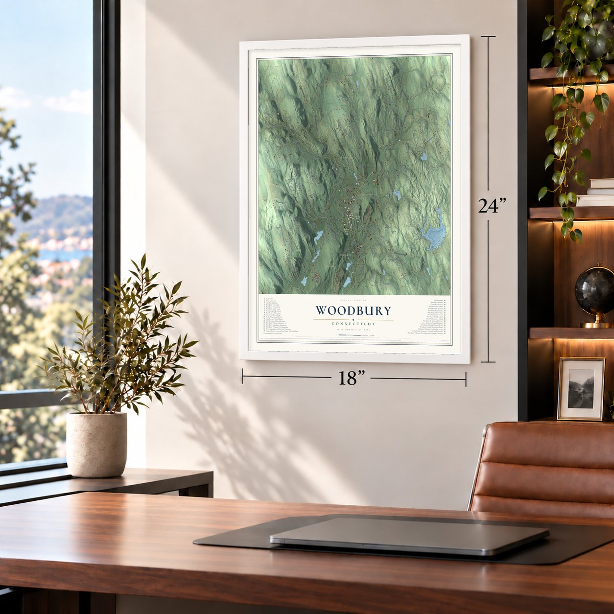 Woodbury, Connecticut map, 18 x 24 inch print in a white frame in a home office