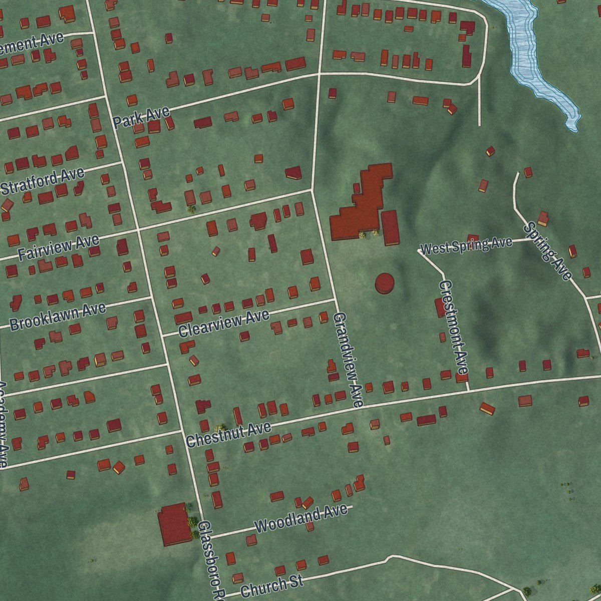 Second close-up of the map of Woodbury Heights, New Jersey print showing more streets and buildings