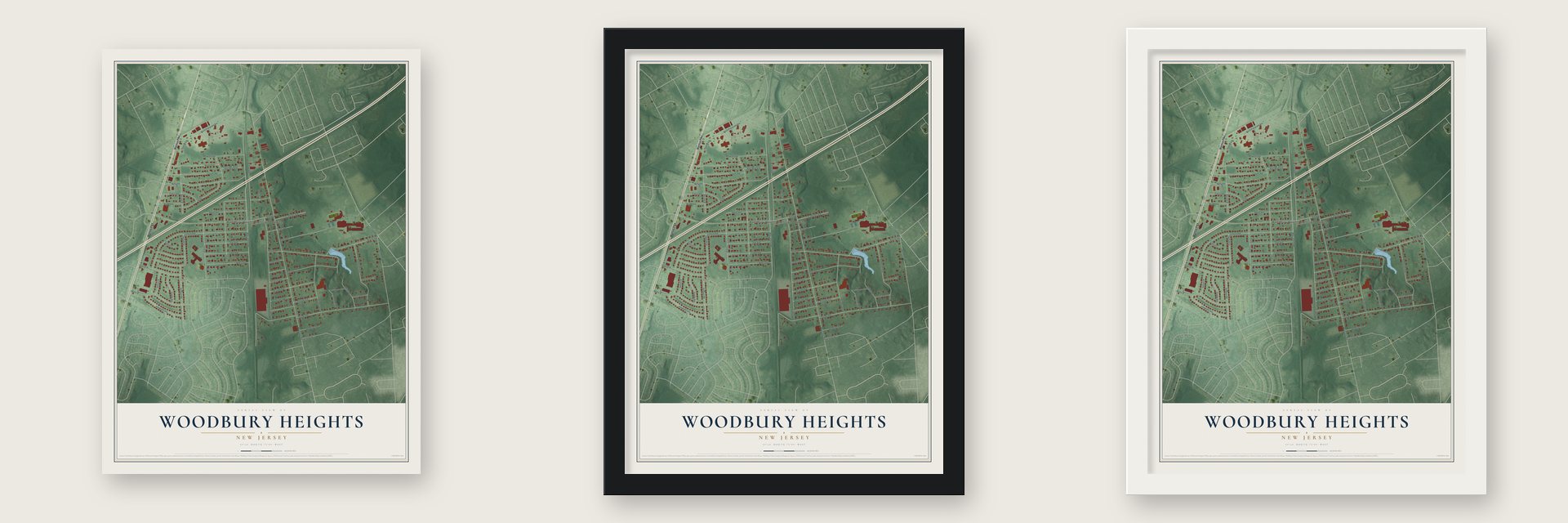 Woodbury Heights, New Jersey map unframed, in a black wood frame and in a white wood frame