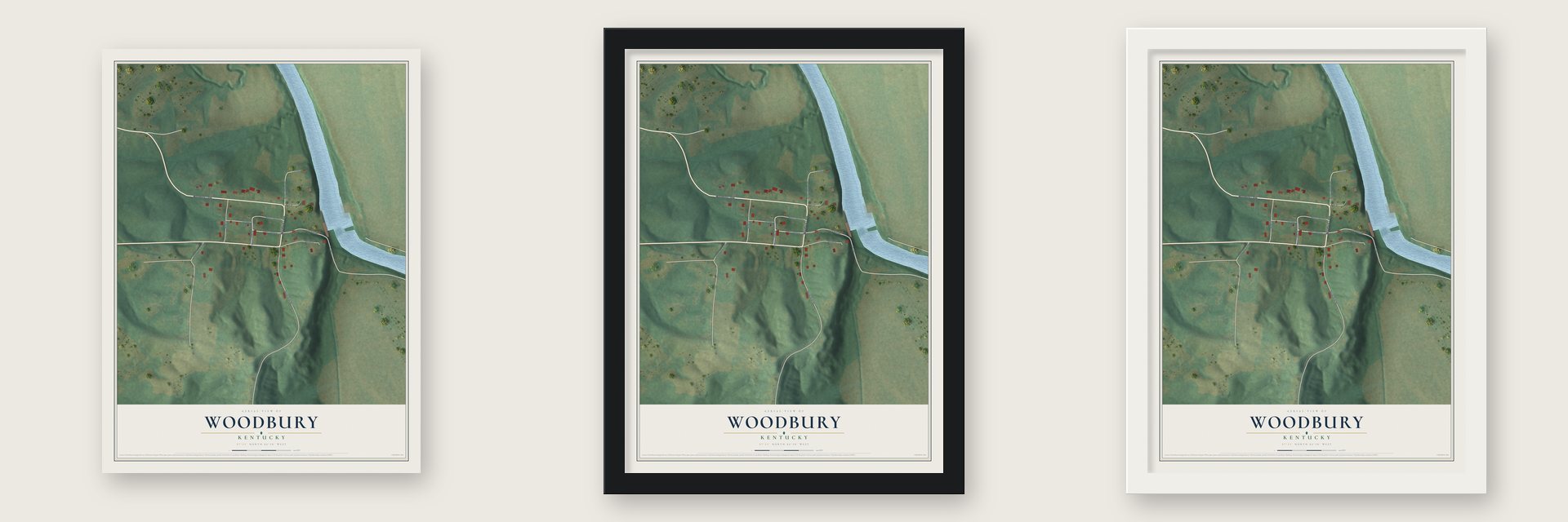 Woodbury, Kentucky map unframed, in a black wood frame and in a white wood frame