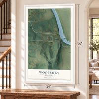 Woodbury, Kentucky map, 24 x 36 inch print in a white frame by a staircase