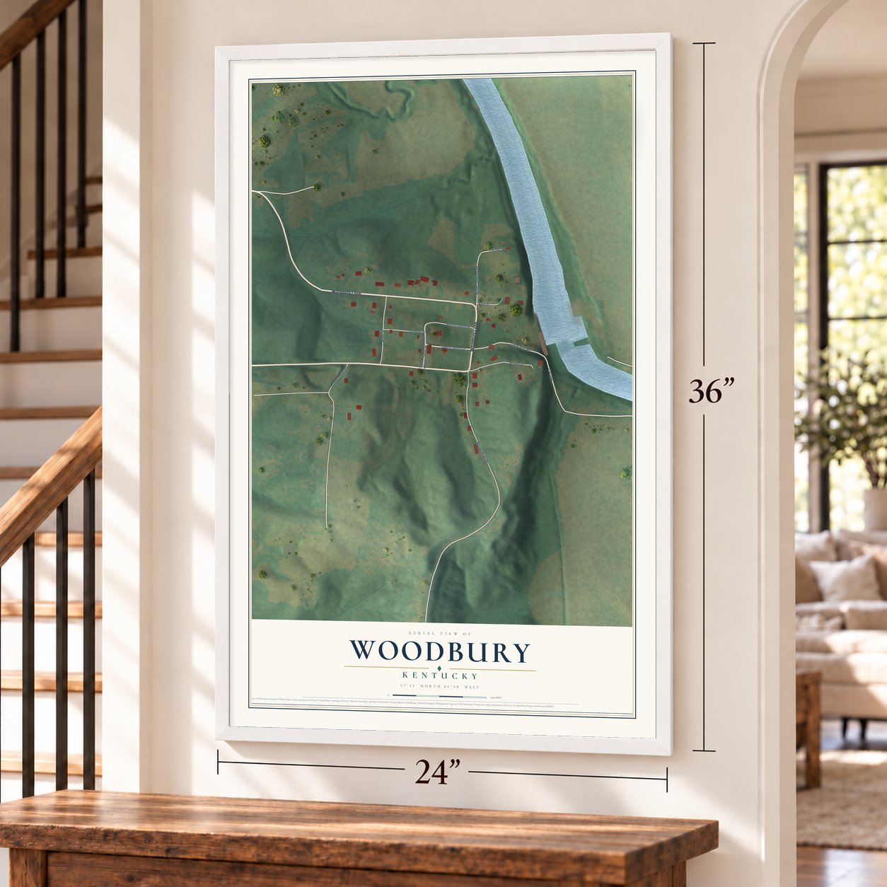 Woodbury, Kentucky map, 24 x 36 inch print in a white frame by a staircase
