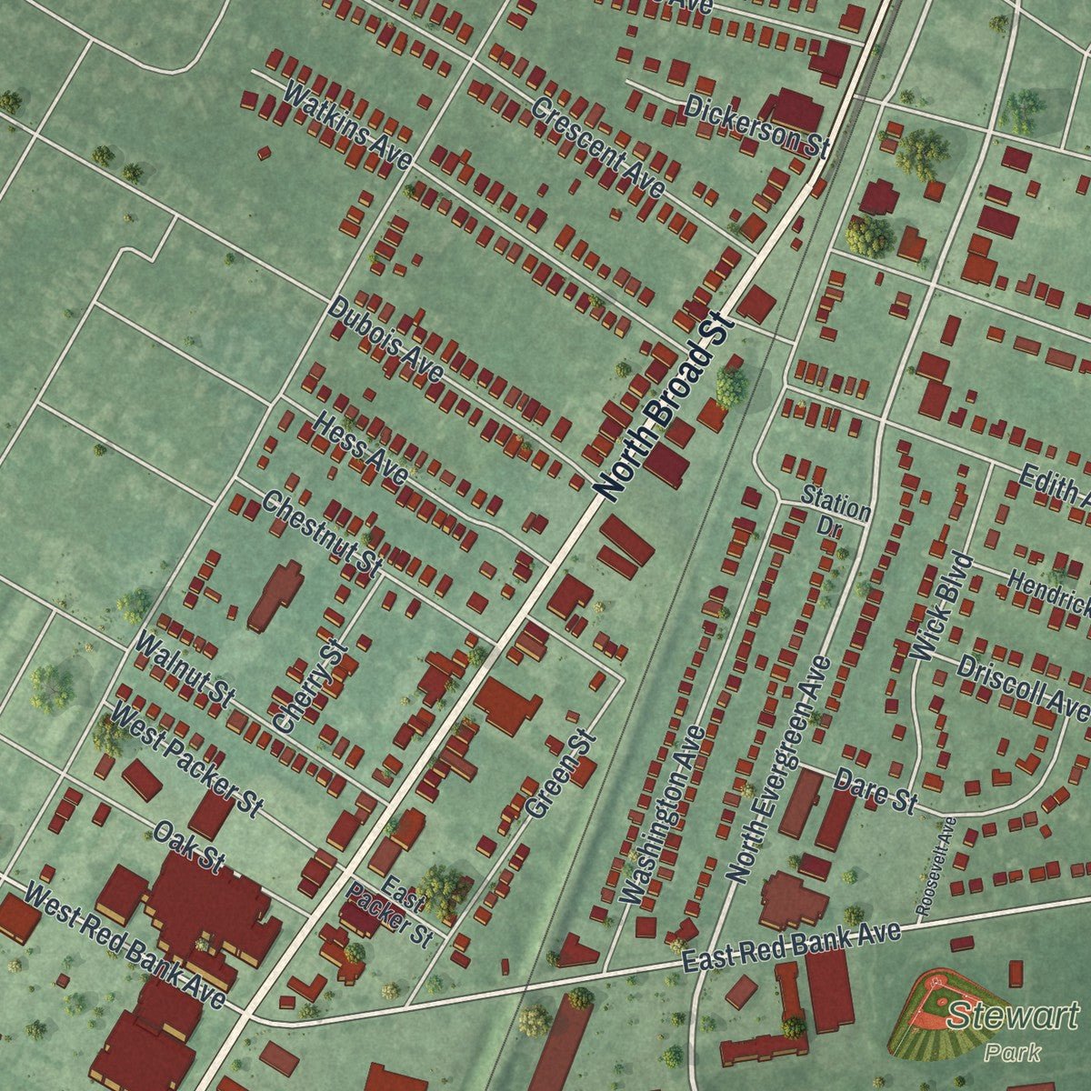 Second close-up of the map of Woodbury, New Jersey print showing more streets and buildings