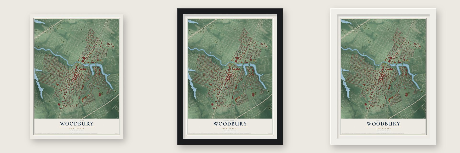 Woodbury, New Jersey map unframed, in a black wood frame and in a white wood frame