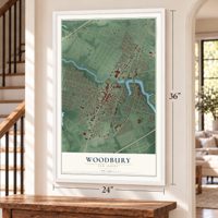 Woodbury, New Jersey map, 24 x 36 inch print in a white frame by a staircase