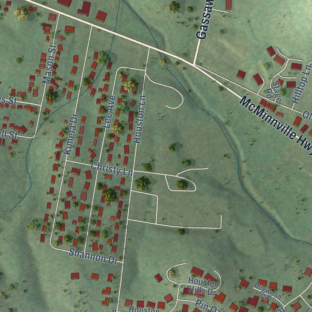 Second close-up of the map of Woodbury, Tennessee print showing more streets and buildings