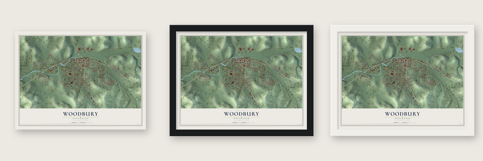 Woodbury, Tennessee map unframed, in a black wood frame and in a white wood frame