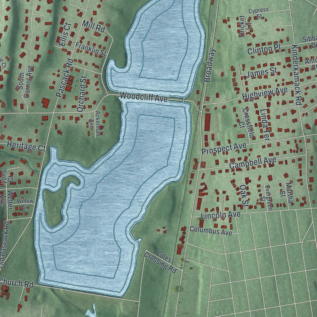 Second close-up of the map of Woodcliff Lake, New Jersey print showing more streets and buildings
