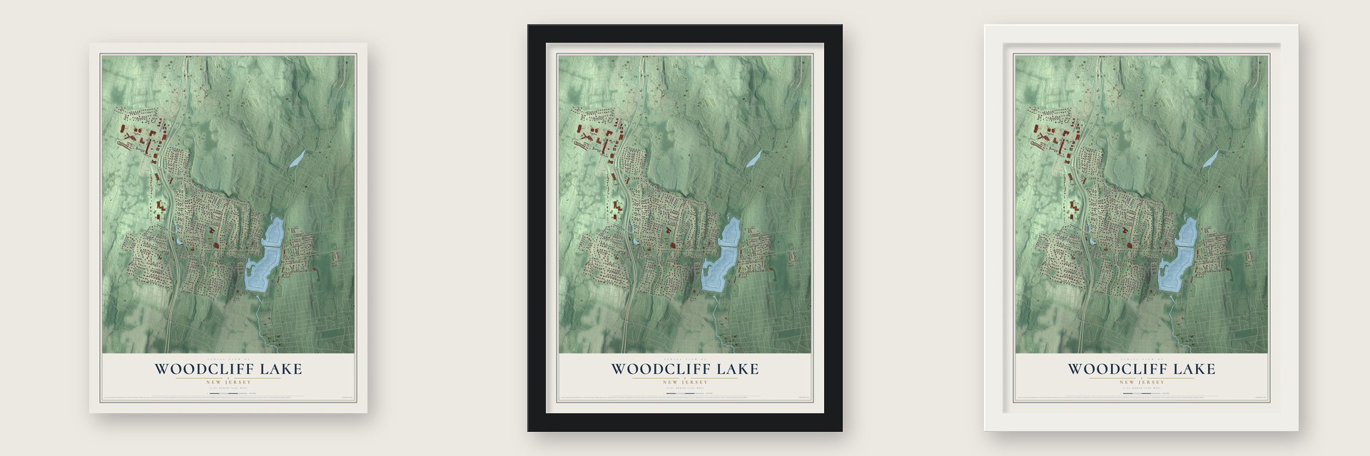 Woodcliff Lake, New Jersey map unframed, in a black wood frame and in a white wood frame