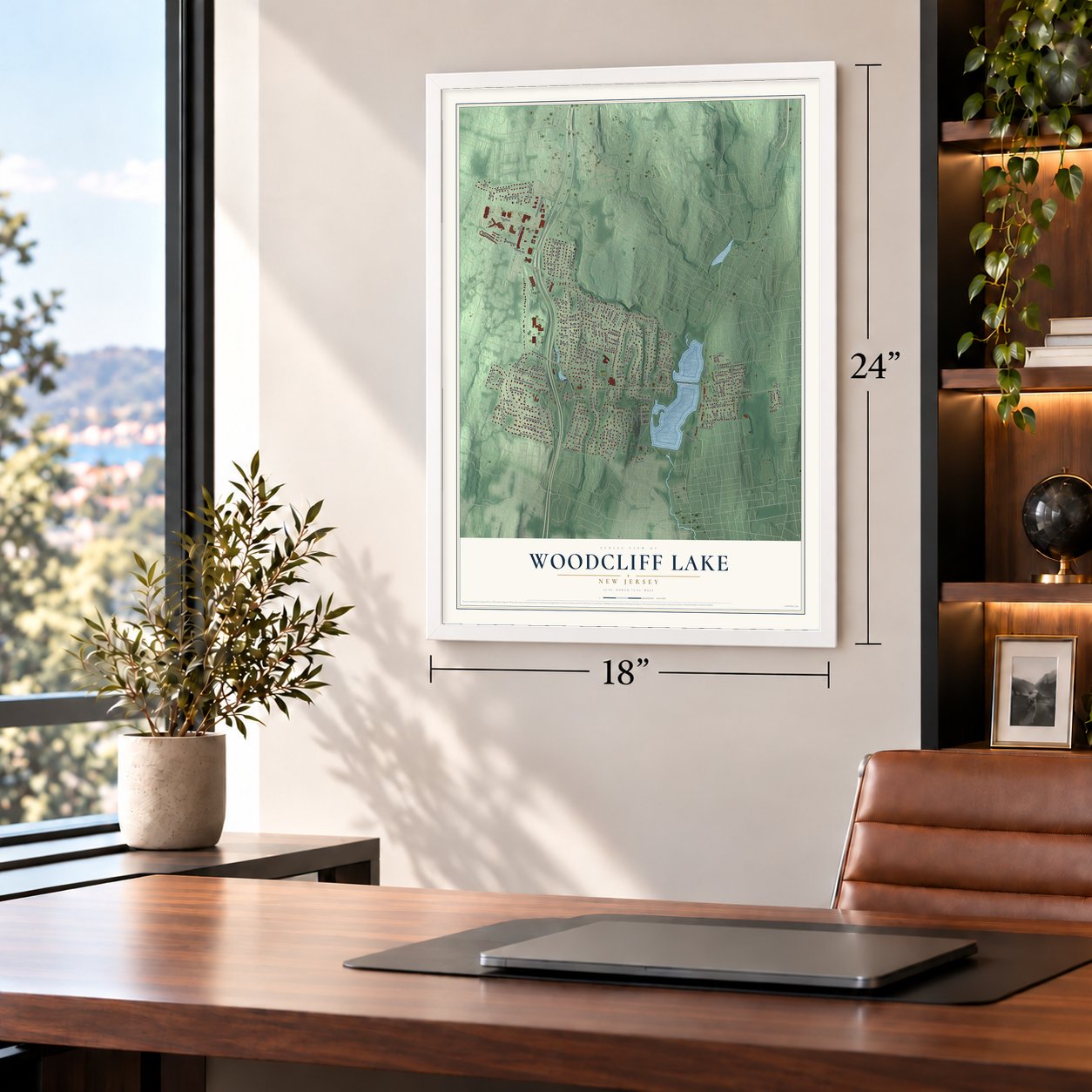 Woodcliff Lake, New Jersey map, 18 x 24 inch print in a white frame in a home office