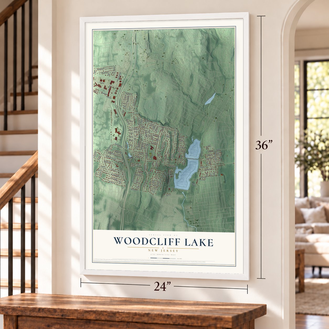 Woodcliff Lake, New Jersey map, 24 x 36 inch print in a white frame by a staircase