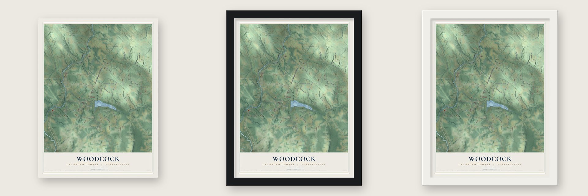 Woodcock, Crawford County, Pennsylvania map unframed, in a black wood frame and in a white wood frame