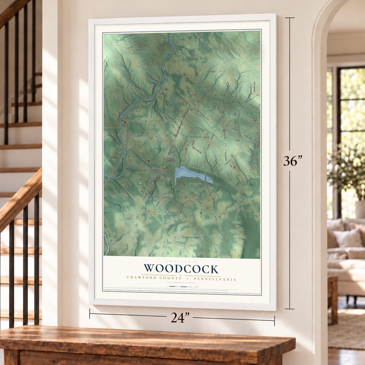 Woodcock, Crawford County, Pennsylvania map, 24 x 36 inch print in a white frame by a staircase