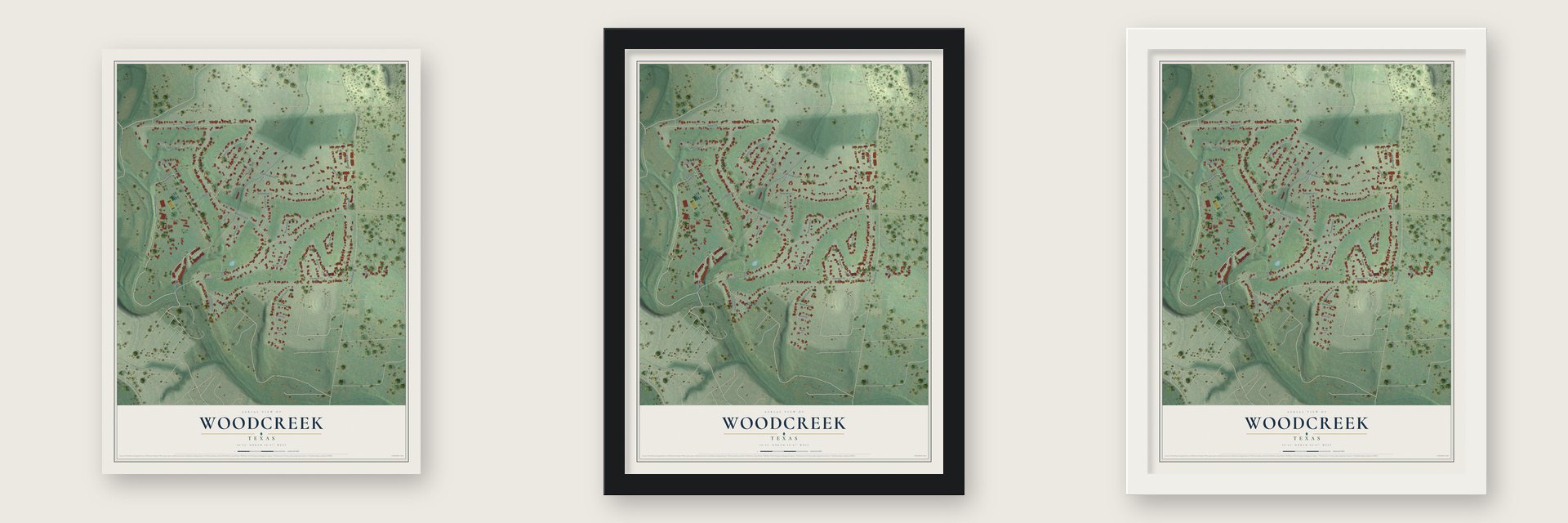 Woodcreek, Texas map unframed, in a black wood frame and in a white wood frame