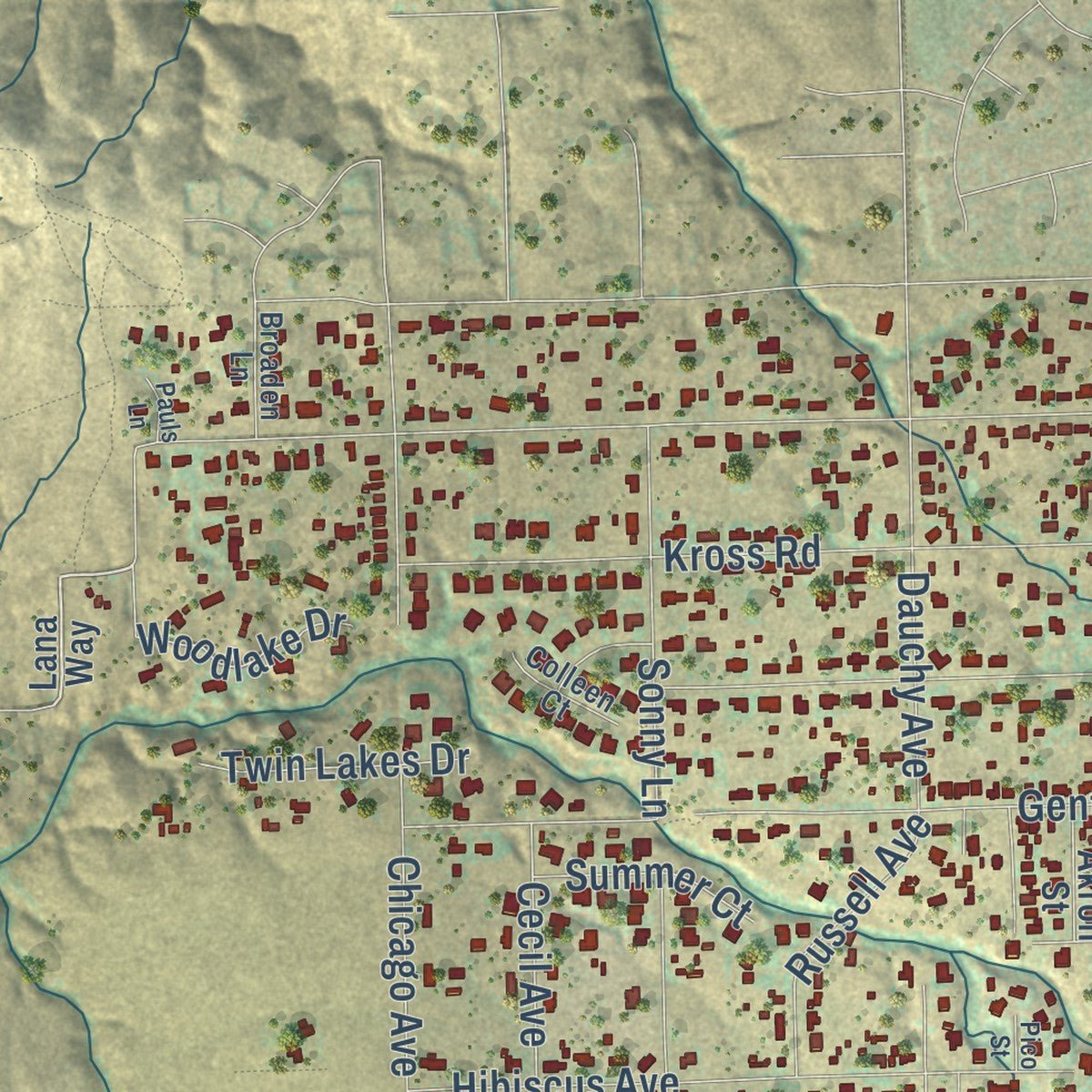 Second close-up of the map of Woodcrest, California print showing more streets and buildings