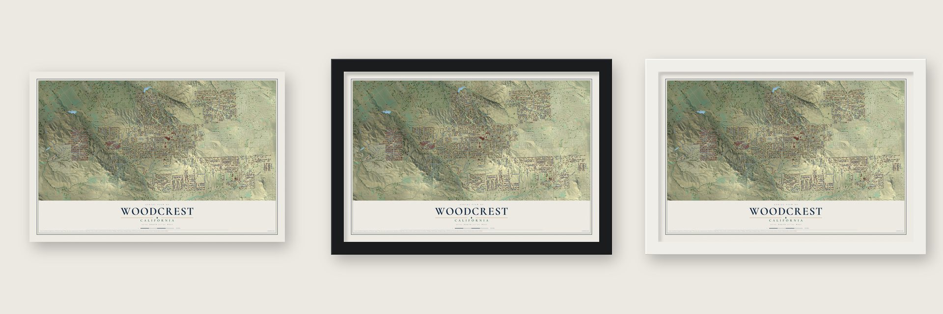 Woodcrest, California map unframed, in a black wood frame and in a white wood frame