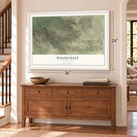 Woodcrest, California map, 24 x 36 inch print in a white frame above a dresser by a staircase