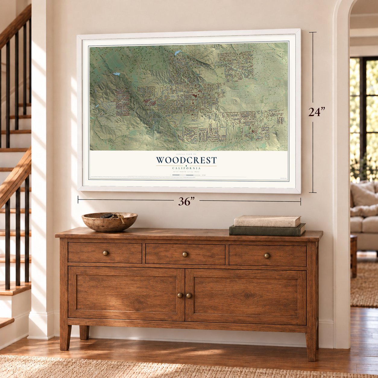 Woodcrest, California map, 24 x 36 inch print in a white frame above a dresser by a staircase