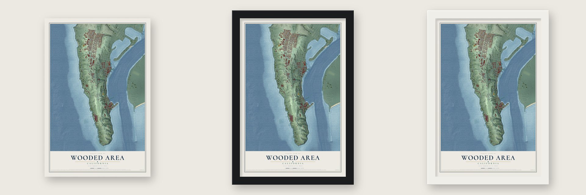 Wooded Area, California map unframed, in a black wood frame and in a white wood frame