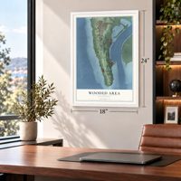 Wooded Area, California map, 18 x 24 inch print in a white frame in a home office