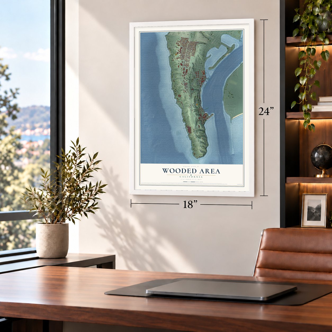 Wooded Area, California map, 18 x 24 inch print in a white frame in a home office