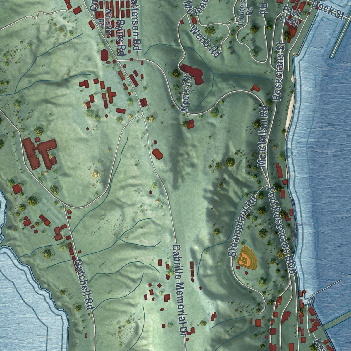Second close-up of the map of Wooded Area, California print showing more streets and buildings
