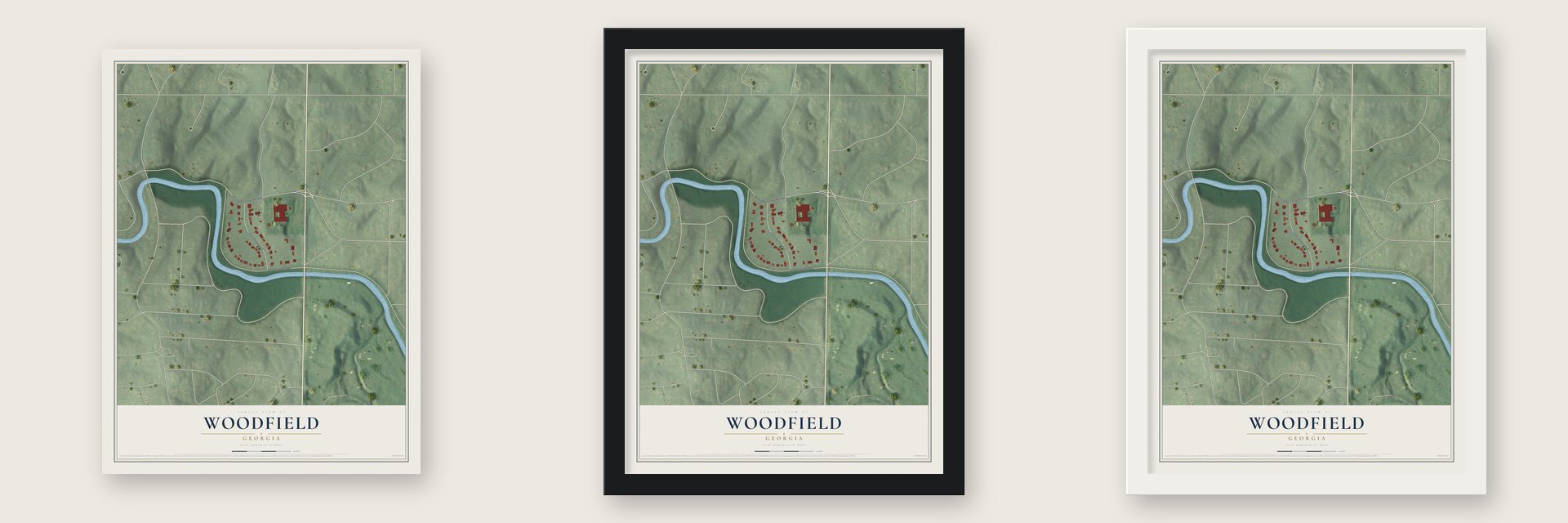 Woodfield, Georgia map unframed, in a black wood frame and in a white wood frame