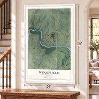 Woodfield, Georgia map, 24 x 36 inch print in a white frame by a staircase