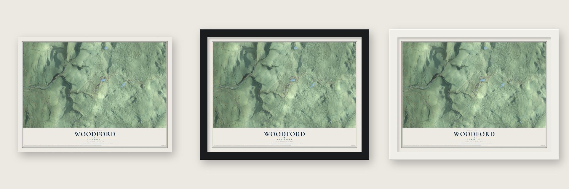 Woodford, Vermont map unframed, in a black wood frame and in a white wood frame