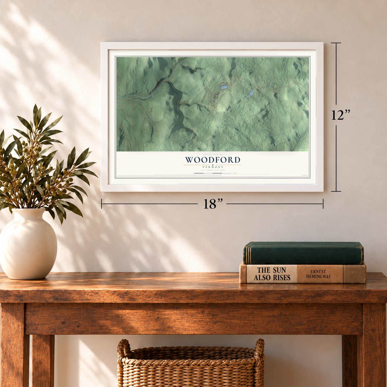 Woodford, Vermont map, 12 x 18 inch print in a white frame in an entryway